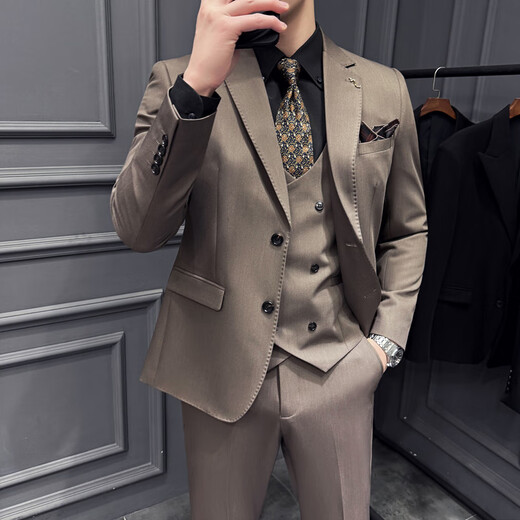 Jason's High Quality Casual Suit Suit Men's British Wedding Groom's Dress Business Formal Two Button Suit Three Piece Suit Brown (Suit + Shirt + Pants) L (Suitable for 111-125 Jin Jin equals 0.5 kg)