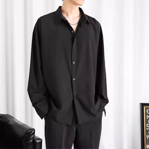 Shirt men's spring and summer long-sleeved drapey high-end loose casual black shirt men's long-sleeved ice silk inch shirt trendy C054 black regular L