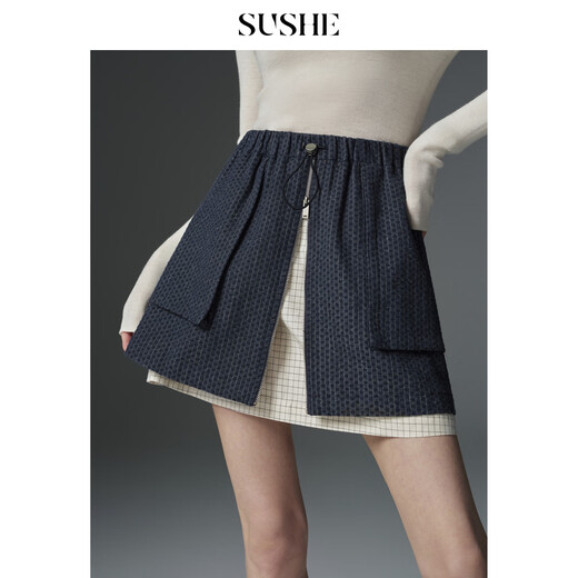 SUSHE Xunting retro movie-like cotton and linen stitching contrasting plaid jacket A-line skirt suit for women spring Qingming blue-skirt M