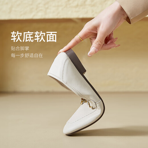 ZHR乐福鞋女春秋通勤风平底小皮鞋女软面一脚蹬单鞋女 AH653 米色 37