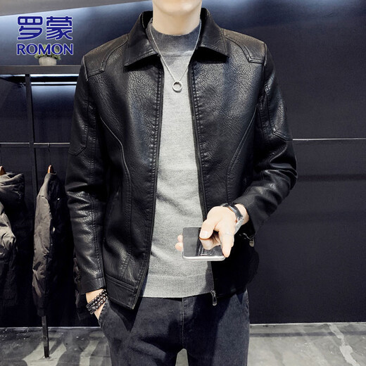 ROMON leather jacket men's spring casual jacket men's versatile trendy tops men's clothing black XL