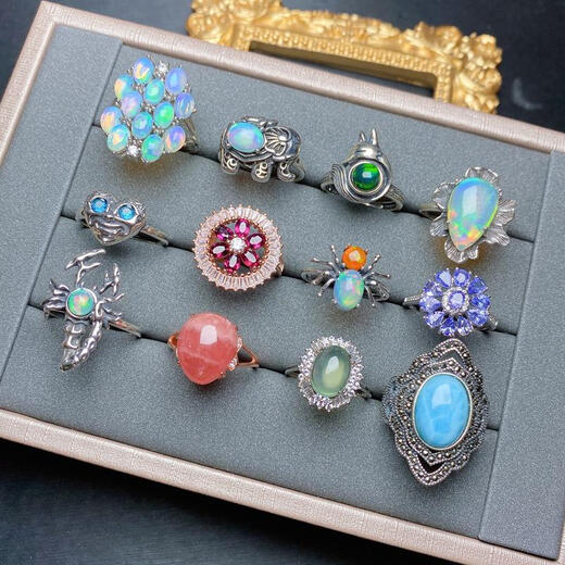 Library selects natural opal tanzanite grape rhodolite ring 925 sterling silver inlaid with scorpion elephant spider animal and plant ring niche natural multi-treasure ring No. 506