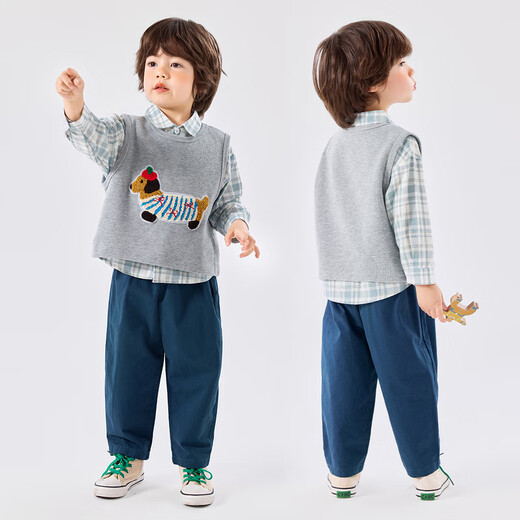 Dudujia Children's Autumn Plaid Shirt Suit Boys Lapel Jacket Knitted Vest Baby Cotton Pants Casual Jacket Blue 90