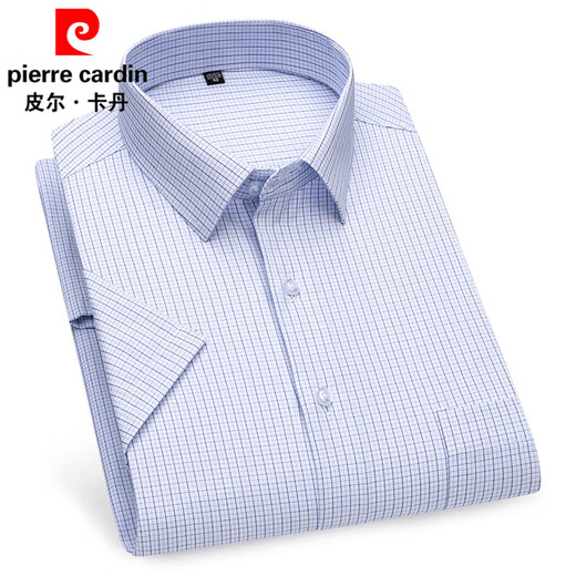皮尔卡丹（pierre cardin）短袖衬衫男夏季薄款商务休闲格子条纹寸衫中年爸爸带口袋白色衬衣 DX6626 39