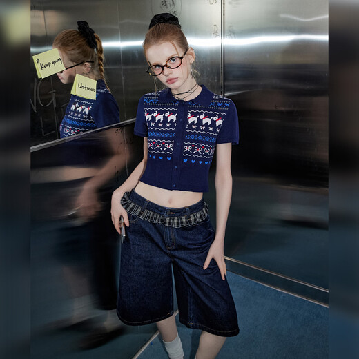 Unifree Retro Primary Color Wash gerader Jeans Frauen geprüft, spleißte lose Fünf-Punkte-Hosen s s s