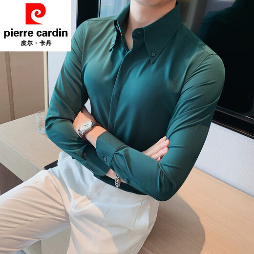 皮尔卡丹（pierre cardin）法式大领衬衫男士长袖新款感痞帅男装春季高领白衬衣男款 绿色   6623 L (106-126斤)
