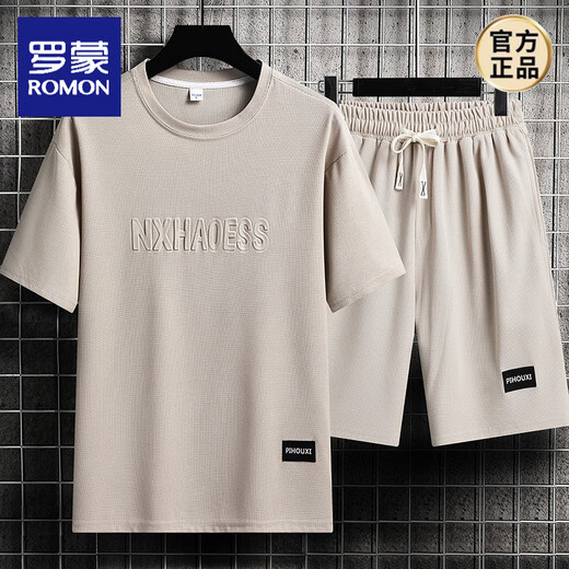 罗蒙（ROMON）男士夏季套装青少年短袖t恤薄款冰丝两件套休闲运动服五分短裤子 套装-TZ829军绿【上衣+裤子】 M 建议90-110斤