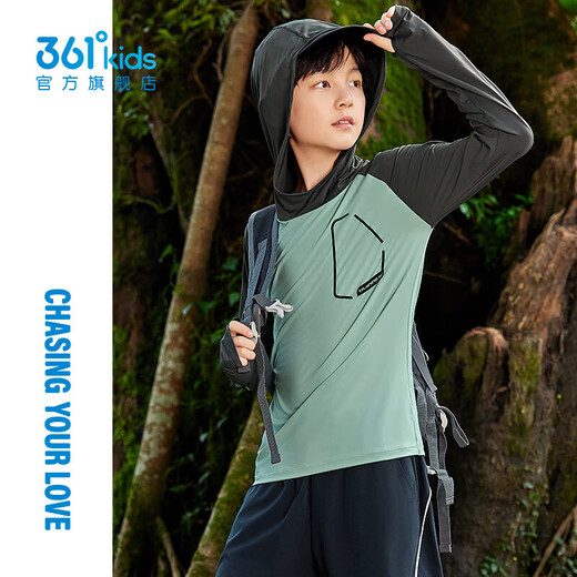 361 Children's clothing boys' hooded long-sleeved sweater 2025 spring new style medium and large children's tops sun protection base layer Hong Kong gray green/gravel gray 170