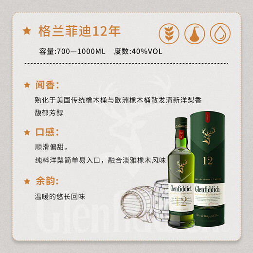 格兰菲迪（GLENFIDDICH）海外版 斯佩塞产区 苏格兰 单一麦芽威士忌英国原瓶进口洋酒 盒装 格兰菲迪12年700ml*2瓶