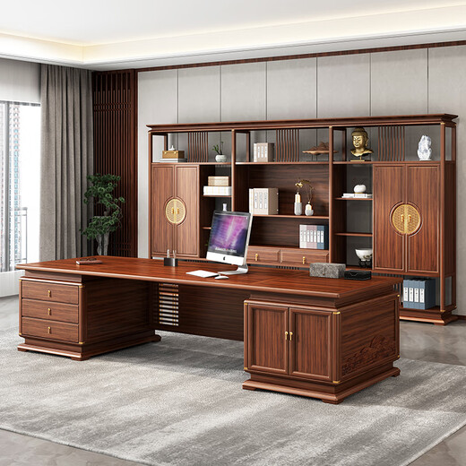 Xinshiya New Chinese Style Black Gold Boss Desk Chairman Manager Leader Desk President Solid Wood Executive Desk Solid Wood Furniture 2.8m Desk