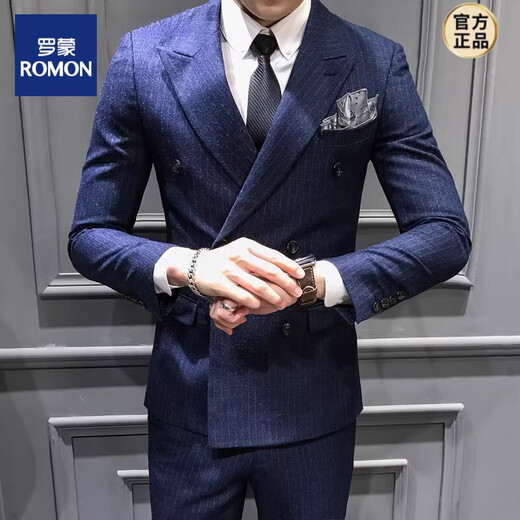 ROMON suit men's British slim double-breasted suit three-piece brushed striped business formal work clothes double-breasted gray (suit + vest + trousers) 3XL