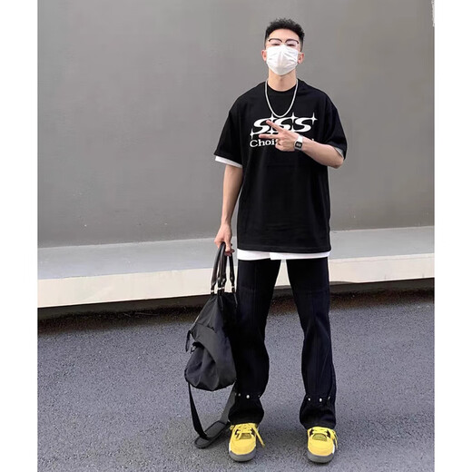 POUM美式高街排扣小众设计牛仔裤男生春秋季潮牌痞帅宽松休闲直筒长裤 WKXS-K691黑色 L