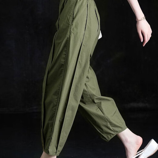 Coton Zimu et lin 2025 Vêtements printanières et été pour femmes, pantalon décontracté à neuf points, Blooders Harun en vrac, pantalon de carottes polyvalents minces et taille haute 6636 Green militaire 2xl (recommandé 135-145Jin [Jin est égal à 0,5 kg]))