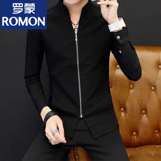 罗蒙（ROMON）立领白衬衫男士长袖春秋季感中国风衬衣潮牌盘扣休闲唐装上衣 9905黑色 M