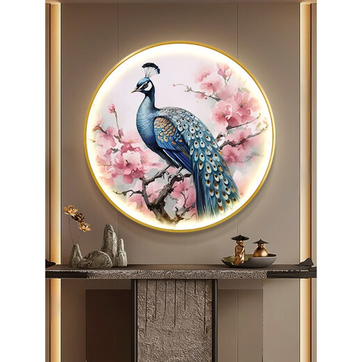 孔雀新中式发光玄关装饰画轻奢圆形入户led灯光画走廊过道壁挂画 吉祥孔雀1449 轻奢金(铝合金拉丝框)+直径50CM+遥控控制(接