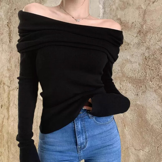 Nanmu Xiong Sweater Women's Spring and Autumn Thin One-shoulder Knitted Sweater Top Off-Shoulder Temperament Sweet Niche Exposed Collarbone Bottoming Shirt Black One Size 80-120Jin Jin is equal to 0.5 kg
