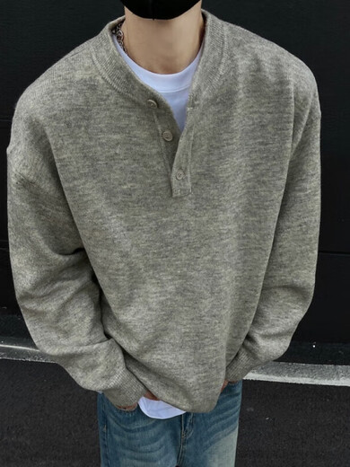 Yingtang American retro Henry collar sweater men's autumn and winter new lazy style sweater top loose outer floral gray M recommended 90-100Jin Jin equals 0.5 kg