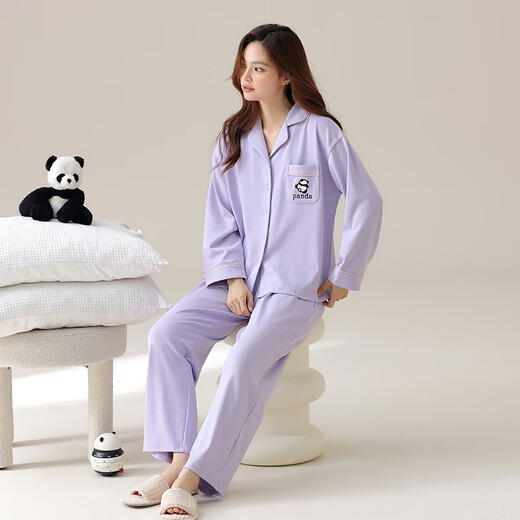 
Couple pure cotton pajamas for women with autumn and winter with chest pads, panda long sleeves, new New Year's goods, large size, can be worn outside home clothes 16803 women's lavender purple [Fall and winter thickened] XL 120-140Jin [Jin equals 0.5 kg]