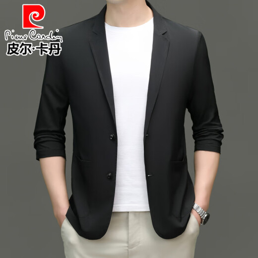 皮尔卡丹防晒冰丝西服男2025夏季薄款商务休闲透气弹力无痕西装外套男 藏青色 薄款 2XL