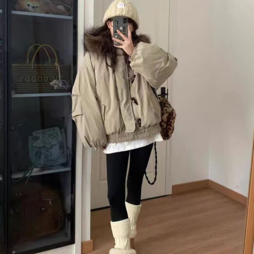 HPFY潮牌派克服保暖女款12041牛角派毛毛棉服款2024冬季棉袄毛领宽松 藏蓝色 M 90-105