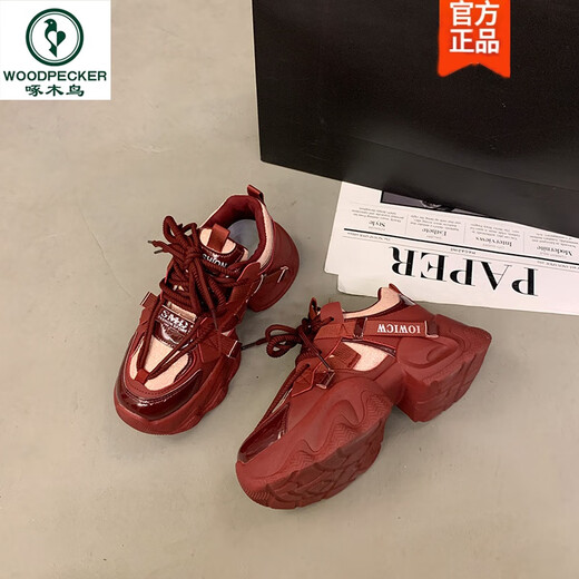 啄木鸟红色厚底老爹鞋女2025新款秋季本命年喜庆百搭增高休闲运动鞋 咖啡9906M加绒 36