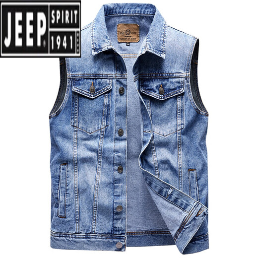 吉普（JEEP）牛仔马甲男秋季帅气多袋背心水洗翻领坎肩复古工装马夹无袖外套潮 浅蓝 XL