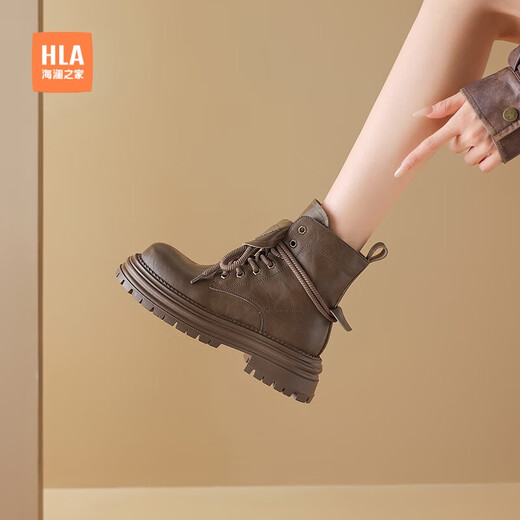 海澜之家（HLA）马丁靴女厚底增高工装靴子女HDAXZW4BCR046 卡其色38