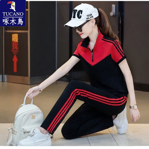 啄木鸟运动服套装男女2025春秋冬新款韩版大码学生班服棉休闲跑步两件套 红色9928两件套短袖女 3XL