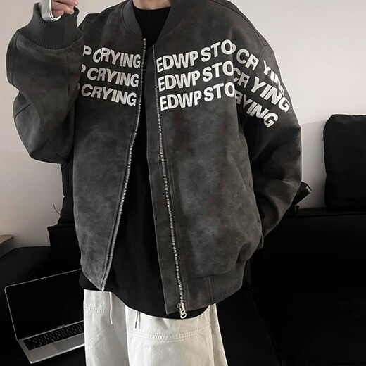 7 Cartas de alta calidad Jacket de uniforme de béisbol gris estampado otoño e invierno europeo y americano Hiphop chaqueta de cuero de alta gama chaqueta estadounidense ssqfs-687 gris 2xl