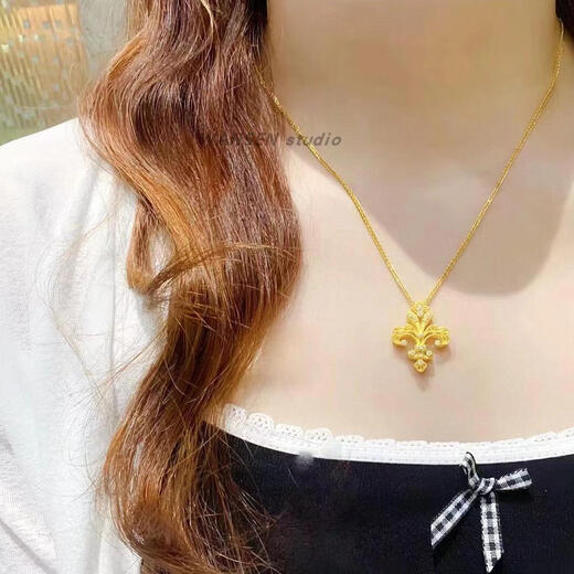 Shien ancient method point diamond palace style iris flower necklace for women 18K gold 1855 handed down gold retro brushed pendant clavicle chain large ancient method iris flower necklace
