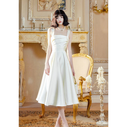 Satin mini dress, women can usually wear French style certificate dress, simple temperament, noble lady's high-end evening dress, white XS