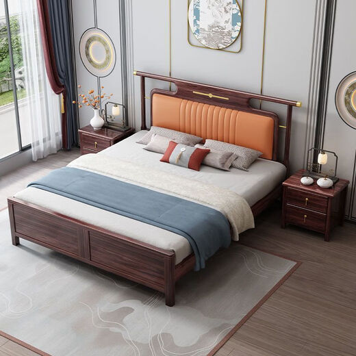 Yuyang Bed New Chinese style black gold wood solid wood bed 1.8m 2m double bed bedroom furniture wedding bed 9902# Wujin wood bed [联文免] 1.8*2.0m [silent bed board]
