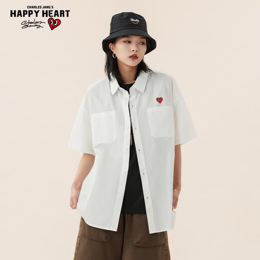 Charles Peach Herz Kurzarm Shirt Herren 2025 Sommer Dünnes Revers Lose Casual Hemd Weiß L.
