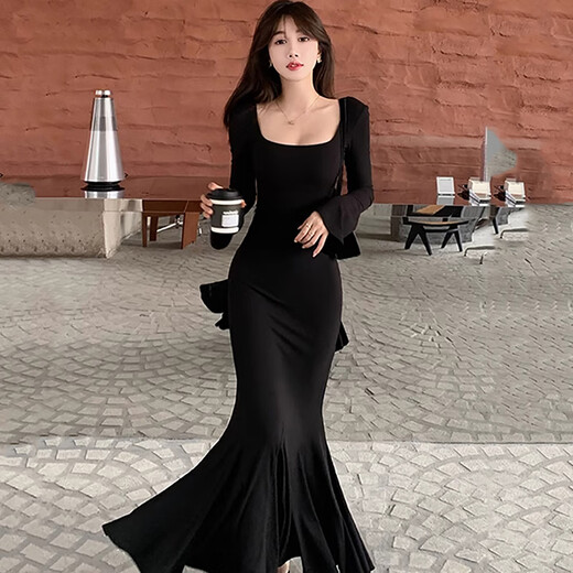 Junyao black fishtail skirt dress women's skirt autumn new high-end hip-hugging skirt French evening dress tight pure lust Bu Bu Shenglian long-sleeved slim fishtail skirt S Recommended 110Jin Jin is equal to within 0.5 kg