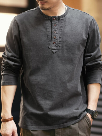 Luo Meng high-end retro long-sleeved T-shirt men's spring loose new pure cotton tough guy Henry collar bottoming shirt spring and autumn top Glacier Gray M suitable for 120-140Jin Jin equals 0.5 kg