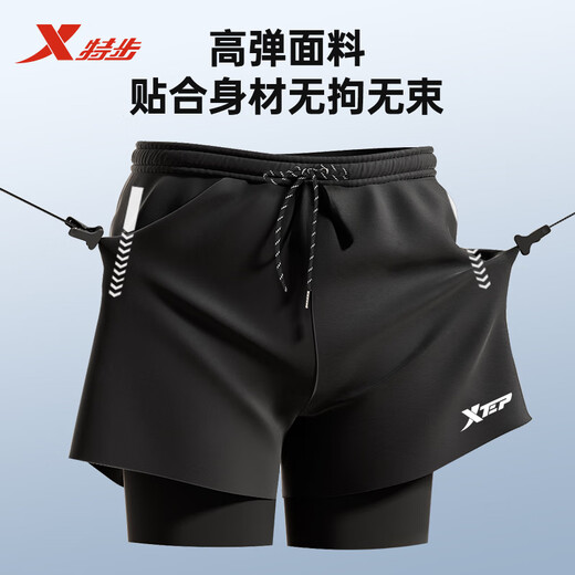 特步泳裤男三件套速干双层防尴尬宽松游泳裤泳镜泳帽套装大码游泳装备 经典黑三件套 近视联系客服 2XL 建议体重130-150斤