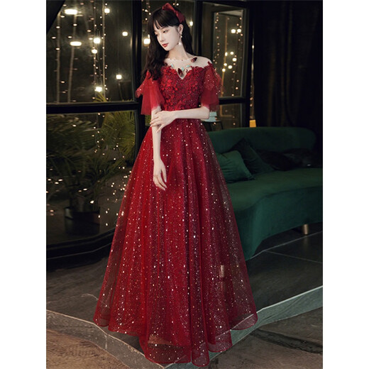 Chuangjingyi selects girls' coming-of-age ceremony red dress and toasting suit for the bride, burgundy fugitive princess gauze skirt, French engagement wedding, burgundy maternity model XL