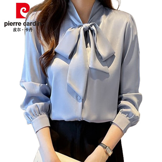 皮尔卡丹（pierre cardin）杭州真丝衬衫女长袖春装新款法式蝴蝶结衬衣感抗皱桑蚕丝上衣 蓝色9276款 S :80-95斤