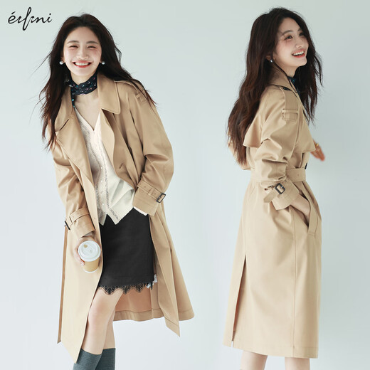 Eveli (eifini) endorsed by Jiang Xin, the same model as the star, classic double placket lapel long windbreaker for women, autumn British style commuter jacket, Twilight Camel S 80-110Jin Jin is equal to 0.5 kg