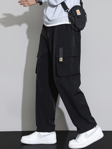 Straight overalls men's summer thin casual pants American trendy brand multi-pocket loose large size wide leg trousers 9930 black A L115-135Jin Jin equals 0.5 kg one size
