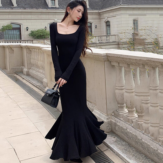 Junyao black fishtail skirt dress women's skirt autumn new high-end hip-hugging skirt French evening dress tight pure lust Bu Bu Shenglian long-sleeved slim fishtail skirt S Recommended 110Jin Jin is equal to within 0.5 kg