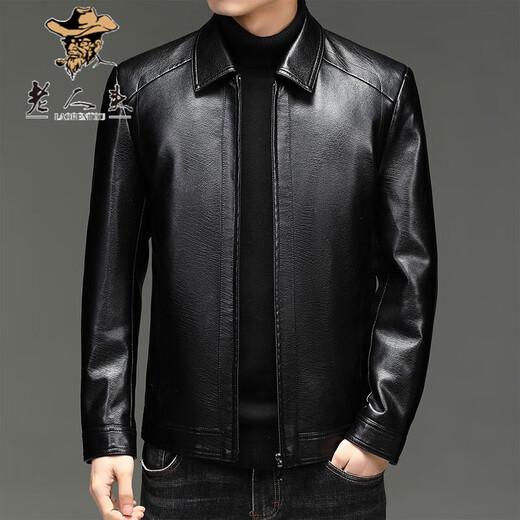 Old man's head (LRT) leather jacket autumn and winter middle-aged jacket men's leather jacket business casual dad wear plus velvet thickened warm stand-up collar leather jacket FE1755 black regular M 170