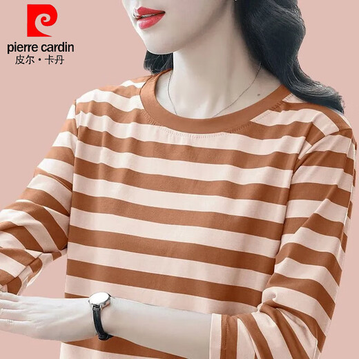 Pierre cardin mother dress fashionable striped long-sleeved T-shirt for women's base shirt in autumn new loose outer belly cover pure cotton top #Trendy striped blue gray-833# M Recommended 90-105Jin [Jin equals 0.5 kg]-card code to take a big shot