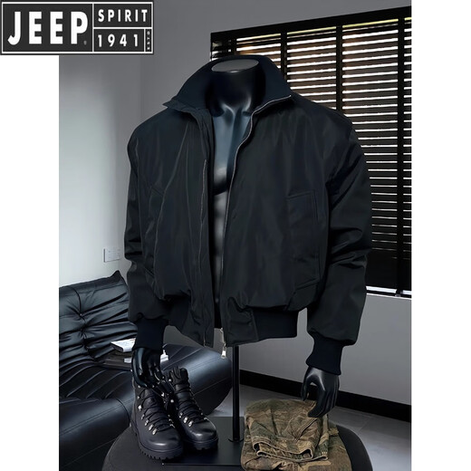 JEEP SPIRIT2025 new navy blue bomber jacket men's spring and autumn silhouette stand collar short American baseball uniform brown cotton jacket XL 135-150Jin Jin equals 0.5 kg