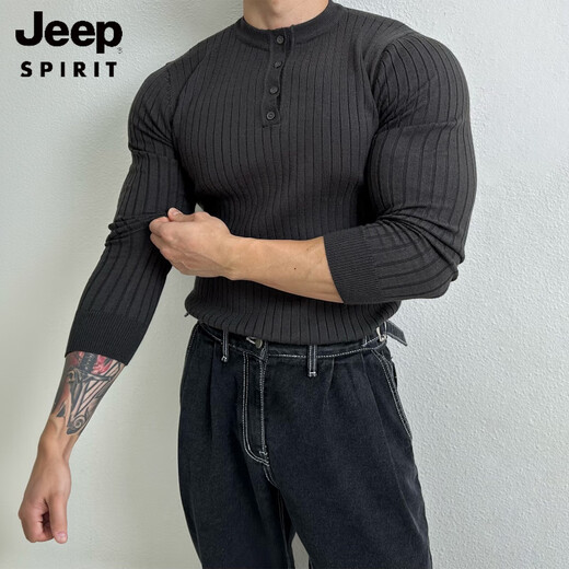 JEEP SPIRIT Henry collar long-sleeved sweater men's spring new American high-end muscular men's fitness all-match slim T-shirt brown M 100Jin Jin is equal to 0.5 kg within