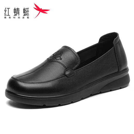 红蜻蜓（RED DRAGONFLY）妈妈鞋真皮软底单鞋女2025春新款中老年女鞋防滑奶奶鞋子一脚蹬女 黑色WTB15253 35 (225mm)