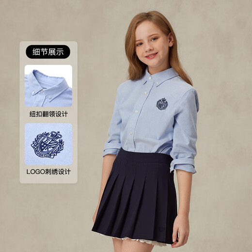 E LAND KIDS 100% Cotton Eland Boys and Girls Shirt 25 Years Summer College Style Badge Embroidery Pure Cotton Long Sleeve Blue/50 130 cm