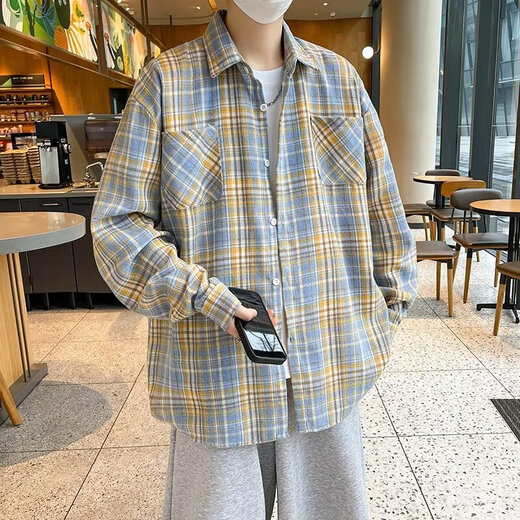 美式长袖衬衫男生春夏季宽松翻领格子衬衣复古潮流休闲百搭外套男 CRYZ687黄色 3XL
