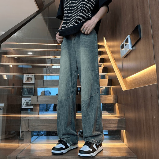 
Bamboo stitched needle jeans men's summer American retro vibe high street micro-flare pants loose straight pants handsome trousers light blue 688-DDD 2XL