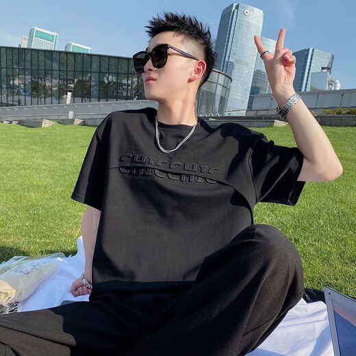 婉曼朵网红假两层字母短袖t恤男社会精神小伙半袖潮牌帅气体恤夏季上衣 黑色b1595-holo短t S  建议70-85斤
